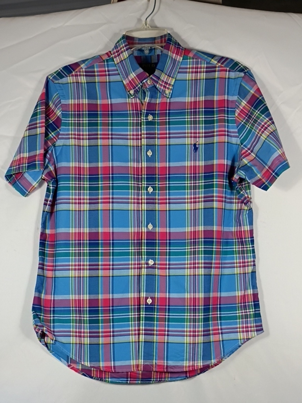 EUC Polo by Ralph Lauren Blue Pink Plaid Short-Sleeve Button-Down Shirt Sz Med